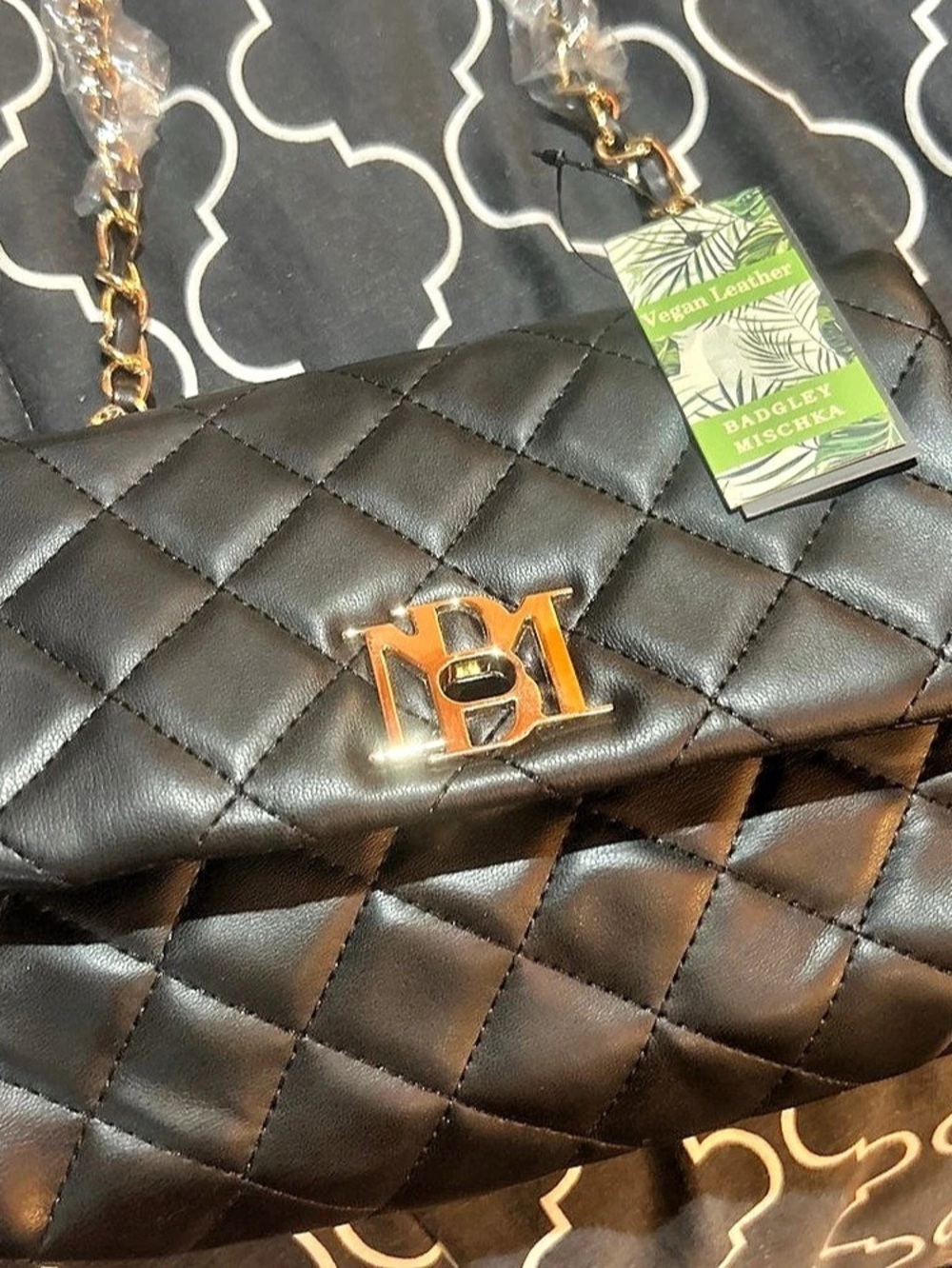 Badgley Mischka Black Quilted Crossbody Bag with Pearl Accents in Black
